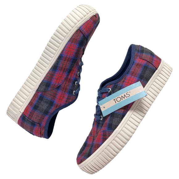 NEW Toms Shoes Womens Size 6 Cordones Indio Sneakers Navy + Red Crosshatch Plaid - Picture 9 of 14
